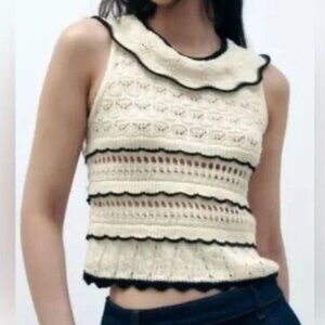 ZARA Ivory & Black Crochet Knit Collared Sleeveless Top Ruffles